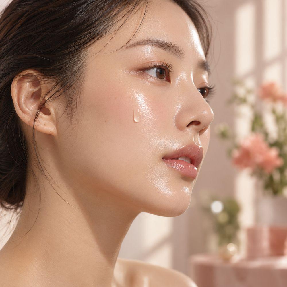 A woman in profile with a drop of serum on her glowing, glass-like cheekbone.